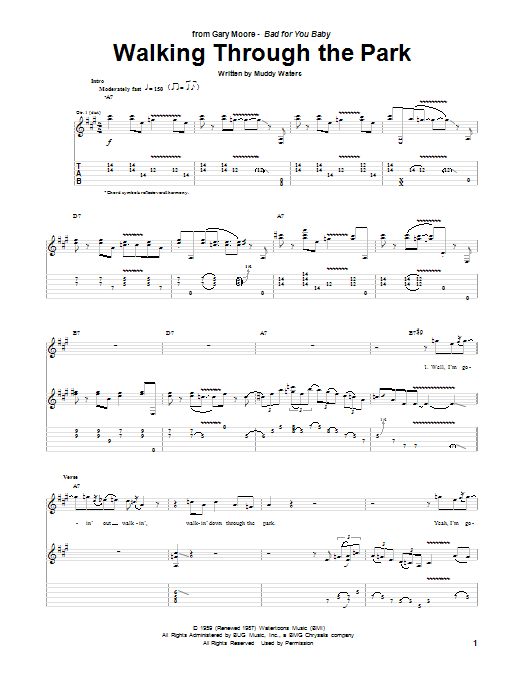 Download Gary Moore Walking Through The Park Sheet Music and learn how to play Guitar Tab PDF digital score in minutes