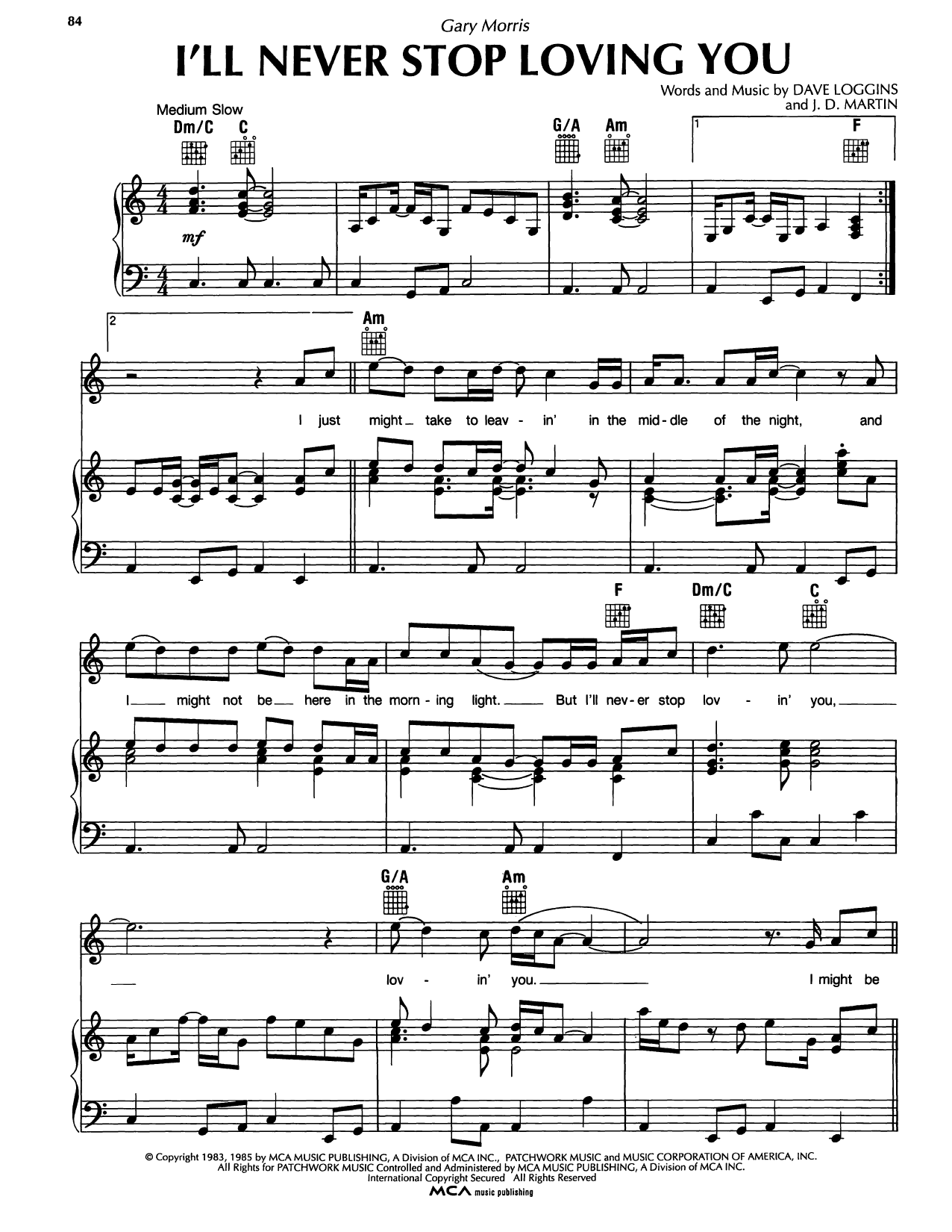 Download Gary Morris I'll Never Stop Loving You Sheet Music and learn how to play Piano, Vocal & Guitar Chords (Right-Hand Melody) PDF digital score in minutes
