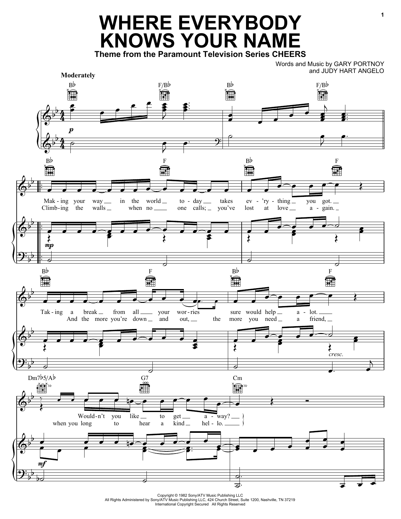 Download Gary Portnoy Where Everybody Knows Your Name (from Cheers) Sheet Music and learn how to play 5-Finger Piano PDF digital score in minutes