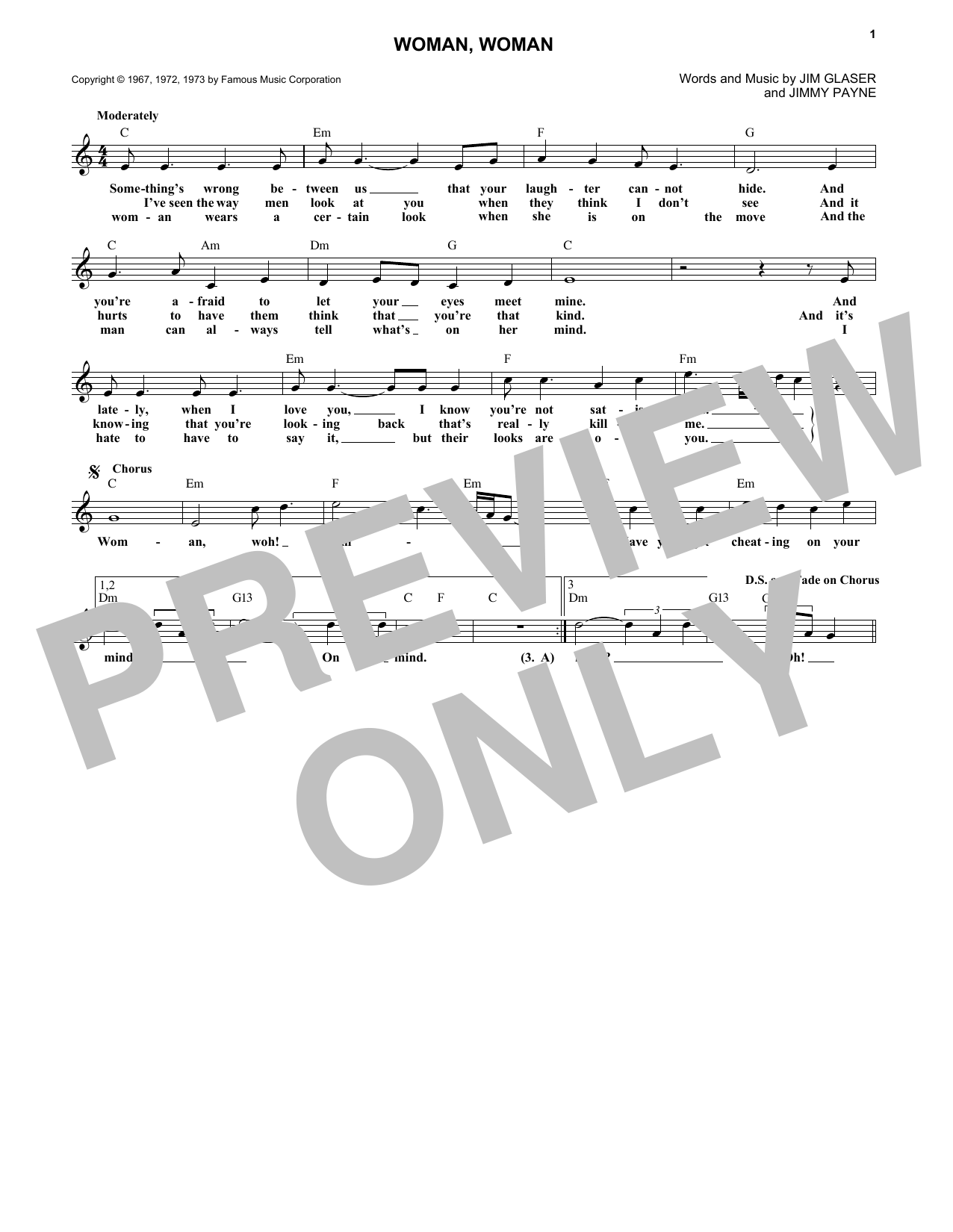 Download Gary Puckett & The Union Gap Woman, Woman Sheet Music and learn how to play Melody Line, Lyrics & Chords PDF digital score in minutes