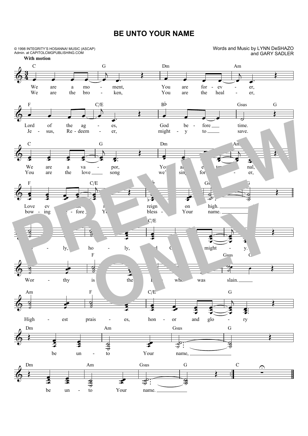 Download Gary Sadler Be Unto Your Name Sheet Music and learn how to play Melody Line, Lyrics & Chords PDF digital score in minutes
