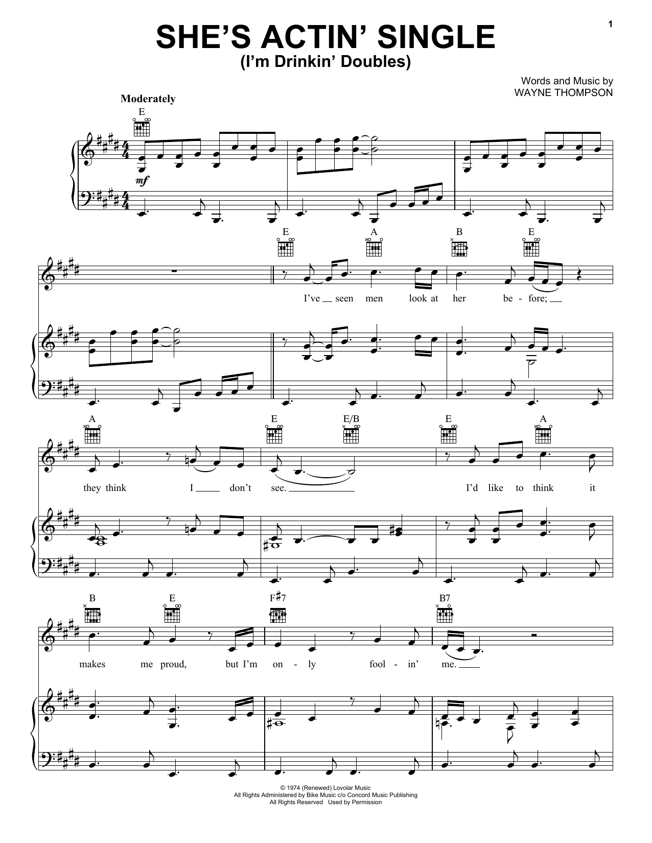 Download Gary Stewart She's Actin' Single (I'm Drinkin' Doubles) Sheet Music and learn how to play Piano, Vocal & Guitar (Right-Hand Melody) PDF digital score in minutes