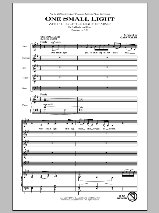 Download Gary Walth One Small Light (with This Little Light of Mine) Sheet Music and learn how to play SATB PDF digital score in minutes