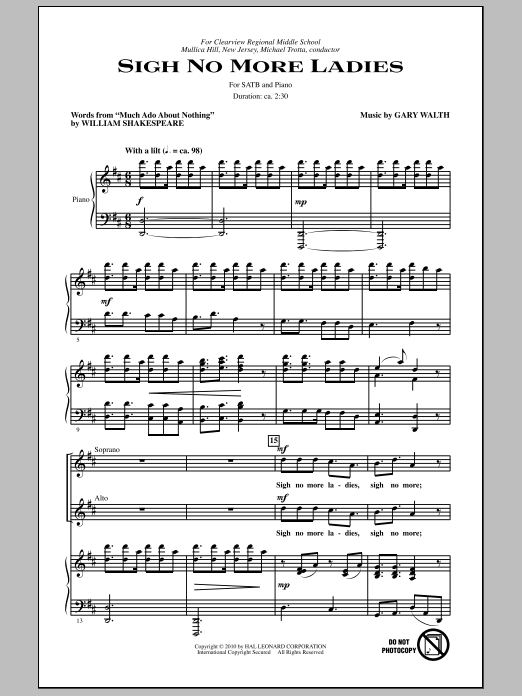 Download Gary Walth Sigh No More Ladies Sheet Music and learn how to play SATB Choir PDF digital score in minutes