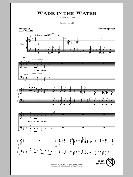Download Traditional Spiritual Wade In The Water (arr. Gary Walth) Sheet Music and learn how to play SATB PDF digital score in minutes