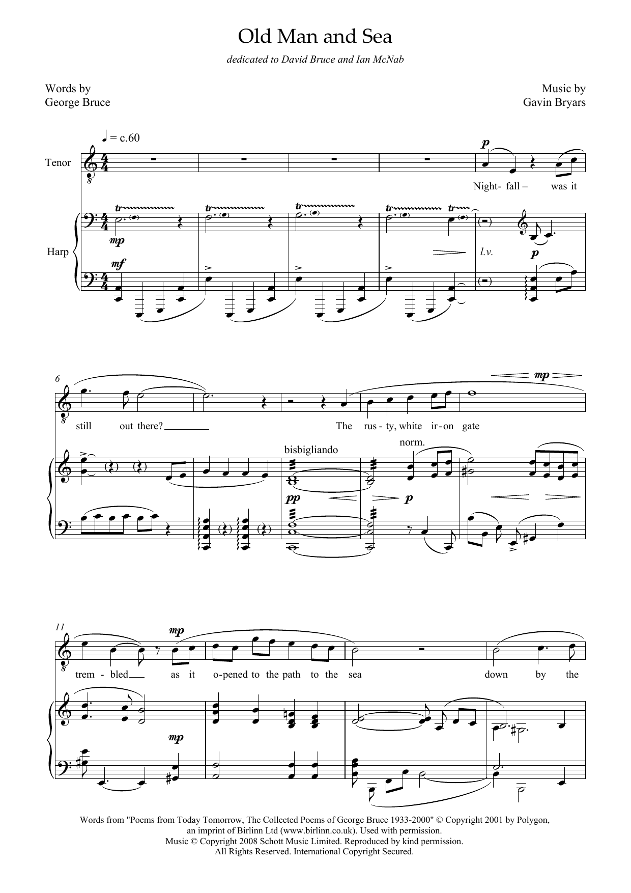 Download Gavin Bryars Old Man and Sea (for tenor & harp) Sheet Music and learn how to play Piano & Vocal PDF digital score in minutes
