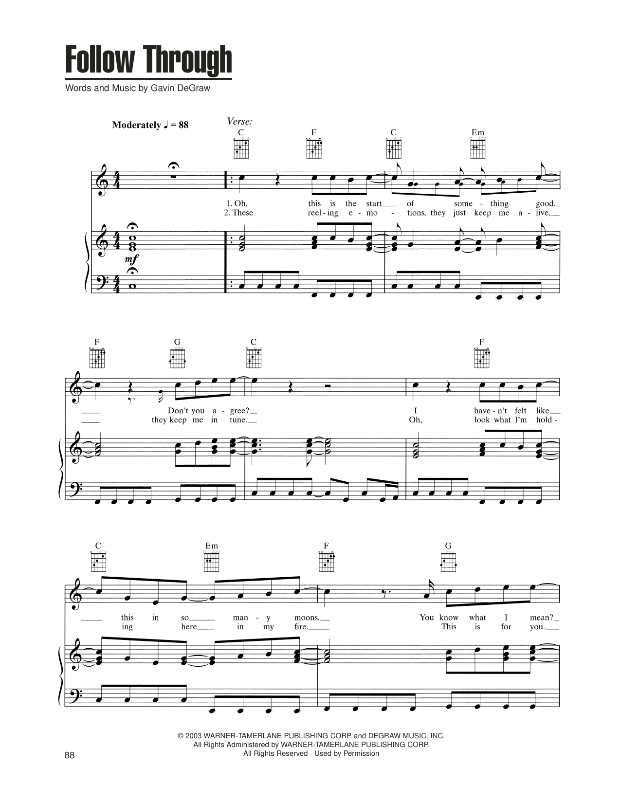 Download Gavin DeGraw Follow Through Sheet Music and learn how to play Piano, Vocal & Guitar Chords (Right-Hand Melody) PDF digital score in minutes