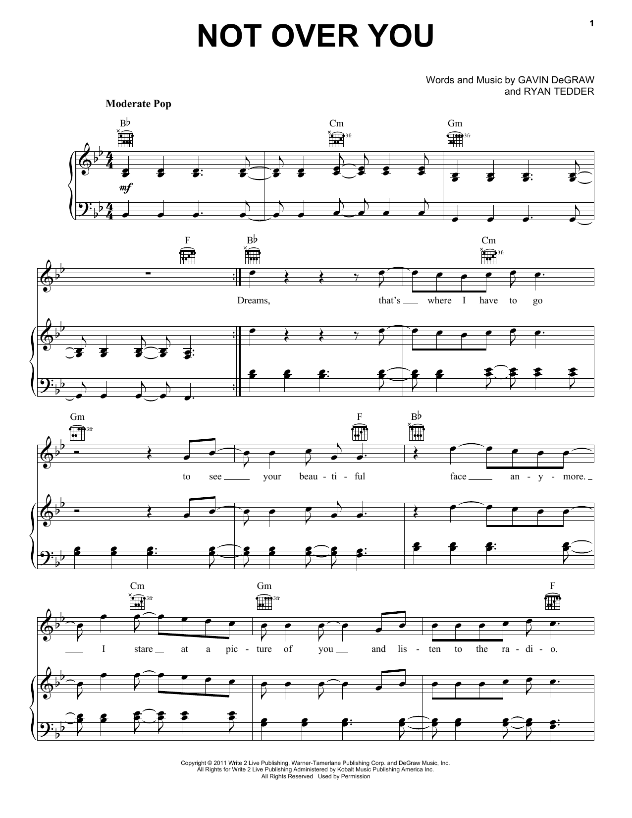 Download Gavin DeGraw Not Over You Sheet Music and learn how to play Piano, Vocal & Guitar (Right-Hand Melody) PDF digital score in minutes