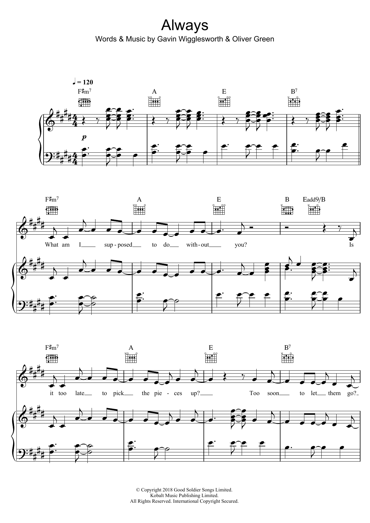 Download Gavin James Always Sheet Music and learn how to play Piano, Vocal & Guitar (Right-Hand Melody) PDF digital score in minutes