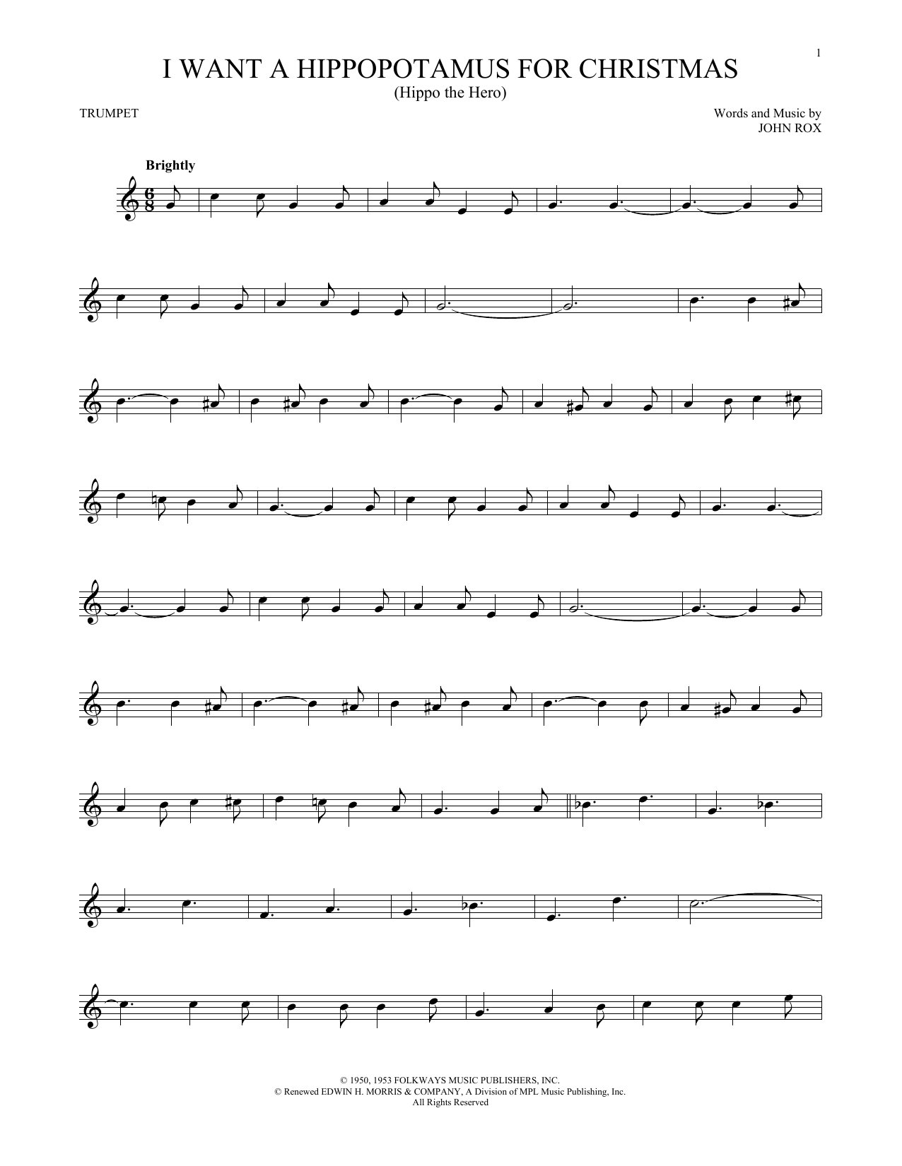 Download Gayla Peevey I Want A Hippopotamus For Christmas (Hippo The Hero) Sheet Music and learn how to play Trombone Solo PDF digital score in minutes