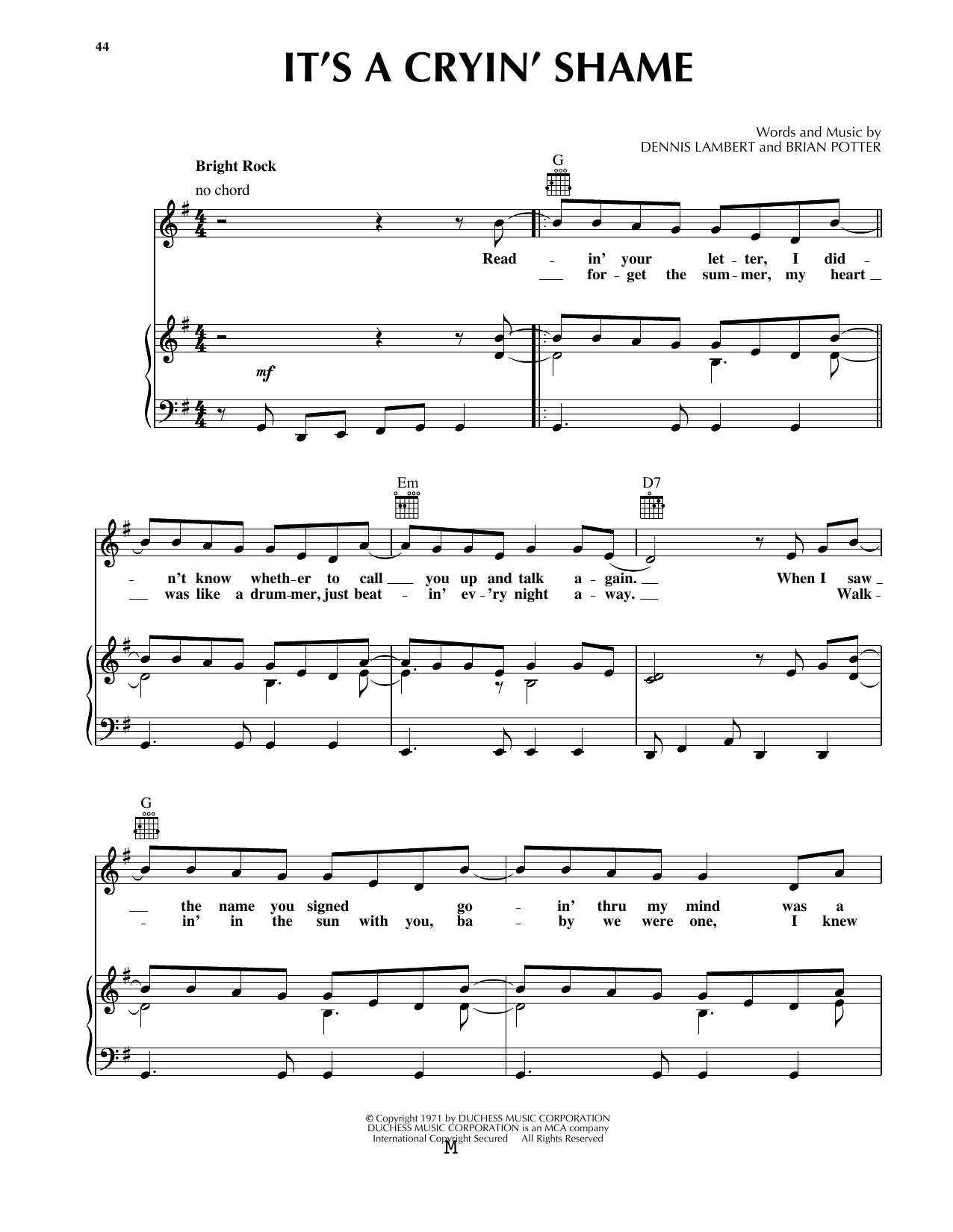 Download Dennis Lambert It's A Cryin' Shame Sheet Music and learn how to play Piano, Vocal & Guitar (Right-Hand Melody) PDF digital score in minutes