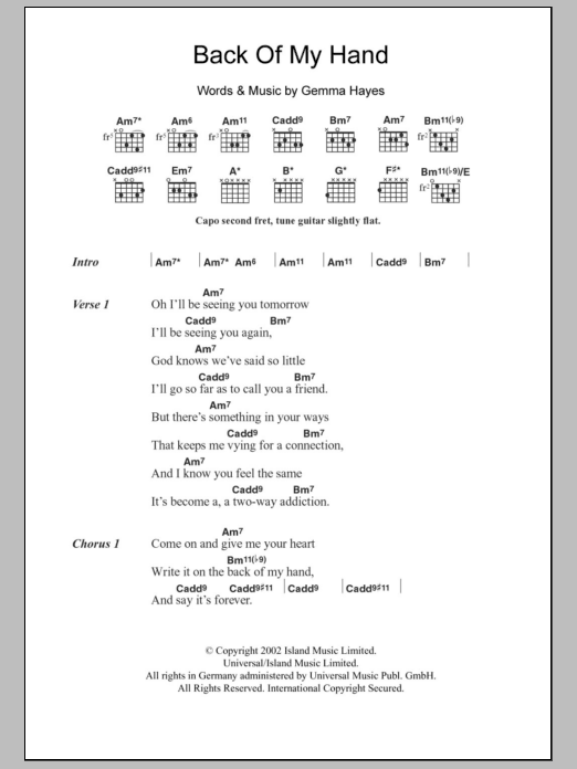 Download Gemma Hayes Back Of My Hand Sheet Music and learn how to play Lyrics & Chords PDF digital score in minutes