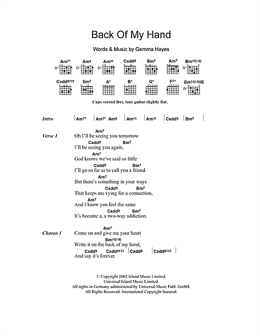 Download Gemma Hayes Back Of My Hand Sheet Music and learn how to play Lyrics & Chords PDF digital score in minutes