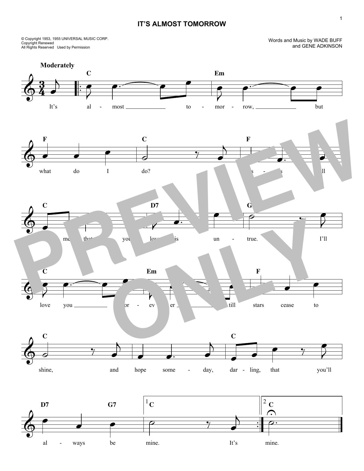 Download Gene Adkinson It's Almost Tomorrow Sheet Music and learn how to play Melody Line, Lyrics & Chords PDF digital score in minutes