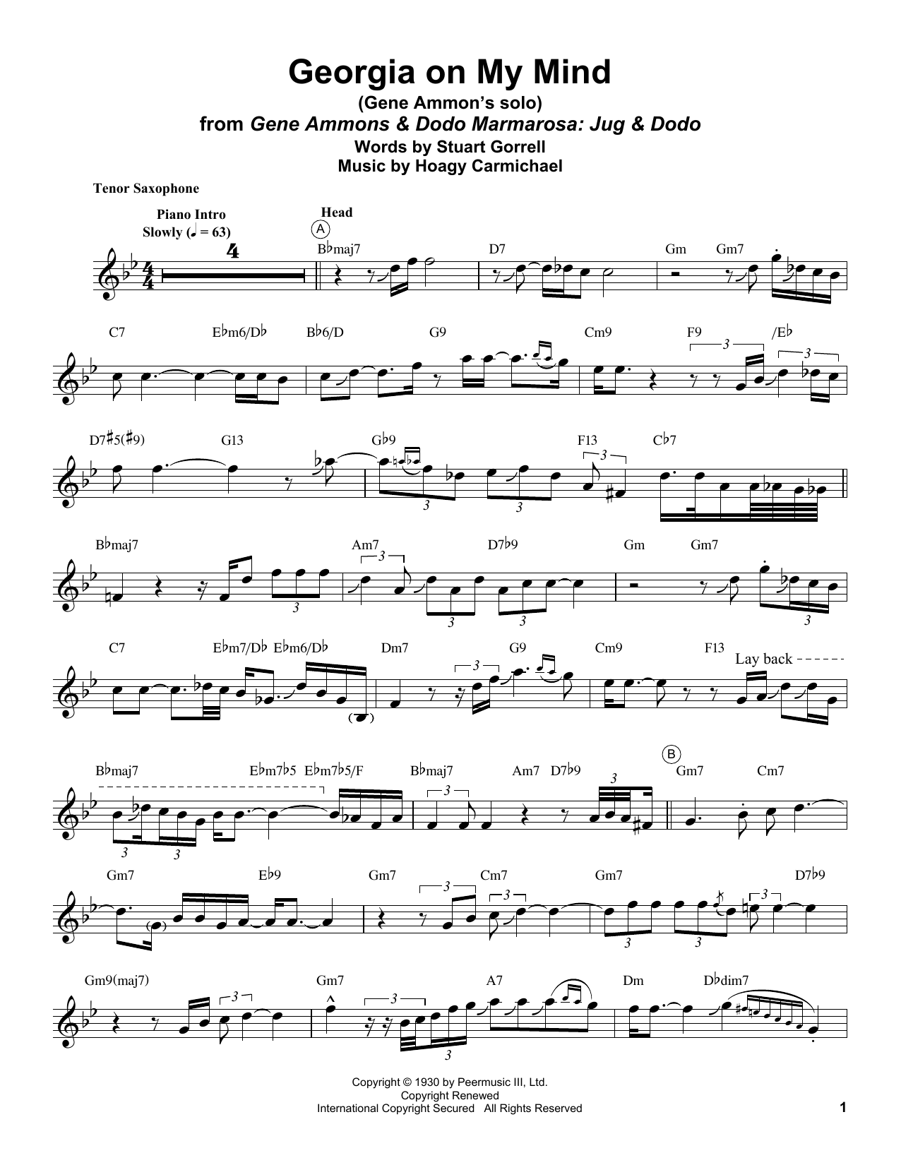 Download Gene Ammons Georgia On My Mind Sheet Music and learn how to play Tenor Sax Transcription PDF digital score in minutes