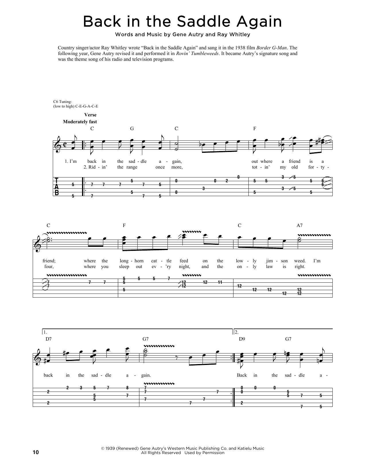 Download Gene Autry Back In The Saddle Again (arr. Fred Sokolow) Sheet Music and learn how to play Guitar Tab PDF digital score in minutes