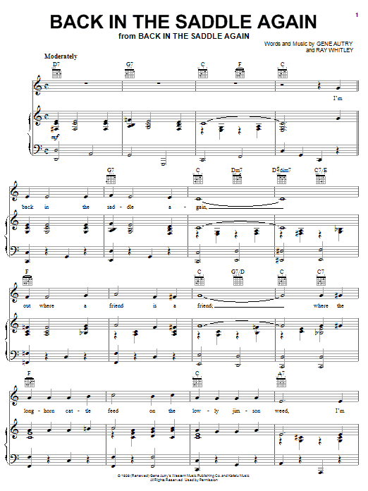 Download Gene Autry Back In The Saddle Again Sheet Music and learn how to play Melody Line, Lyrics & Chords PDF digital score in minutes