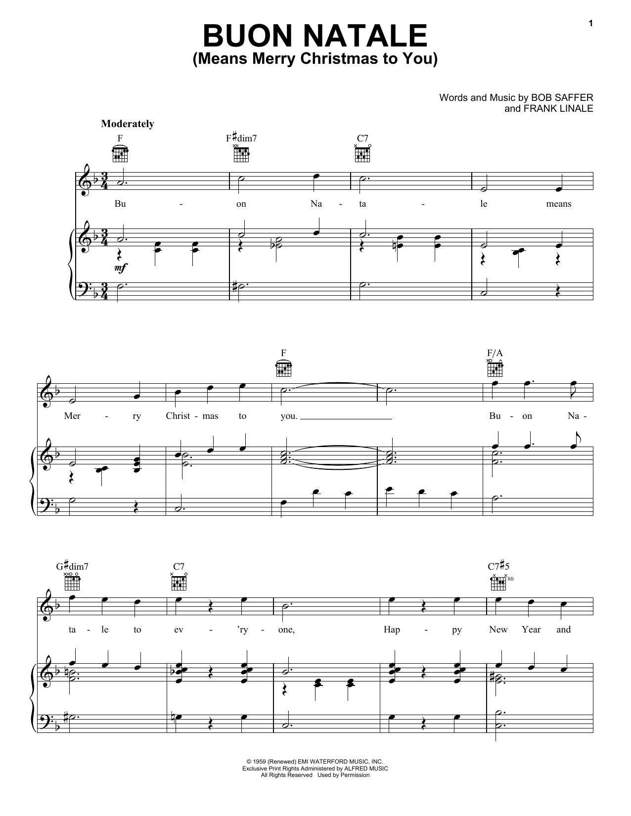 Download Gene Autry Buon Natale (Means Merry Christmas To You) Sheet Music and learn how to play Piano, Vocal & Guitar (Right-Hand Melody) PDF digital score in minutes