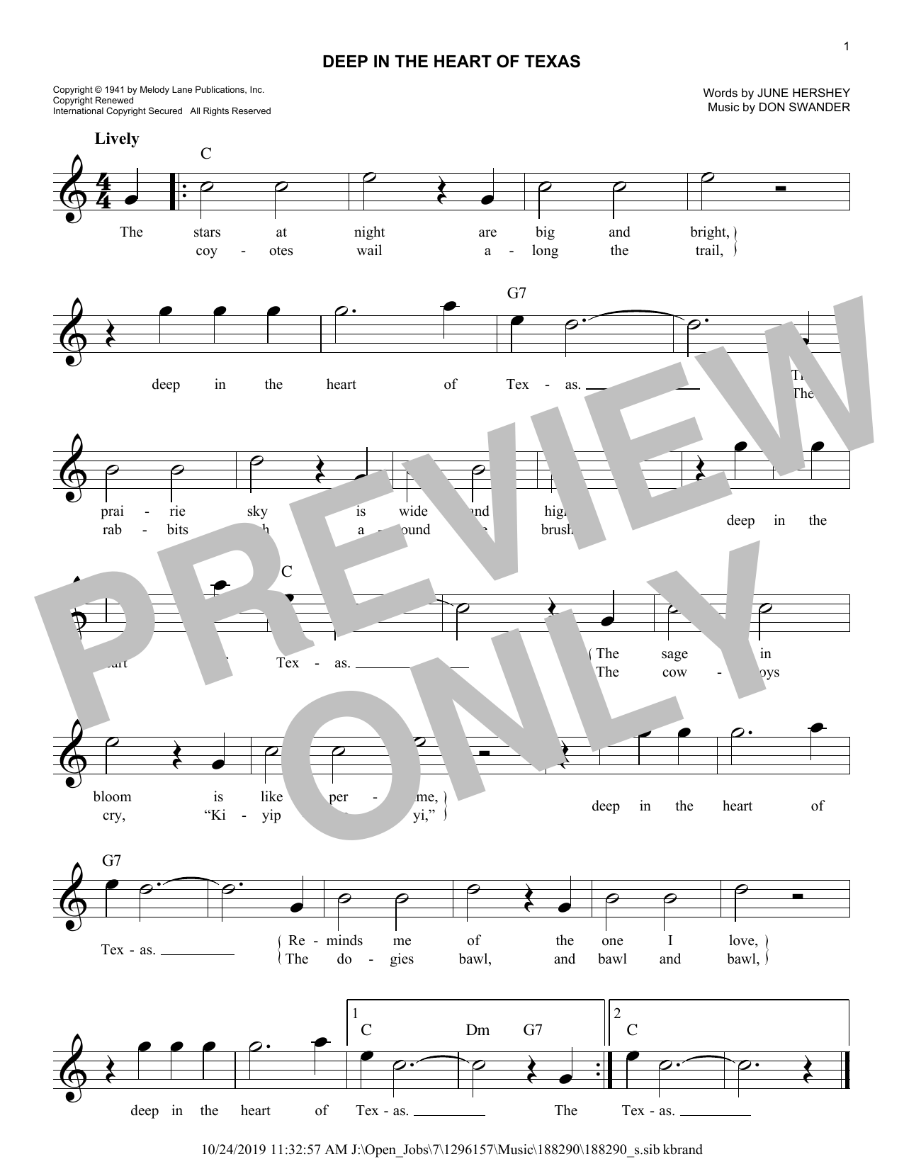 Download Gene Autry Deep In The Heart Of Texas Sheet Music and learn how to play Lead Sheet / Fake Book PDF digital score in minutes