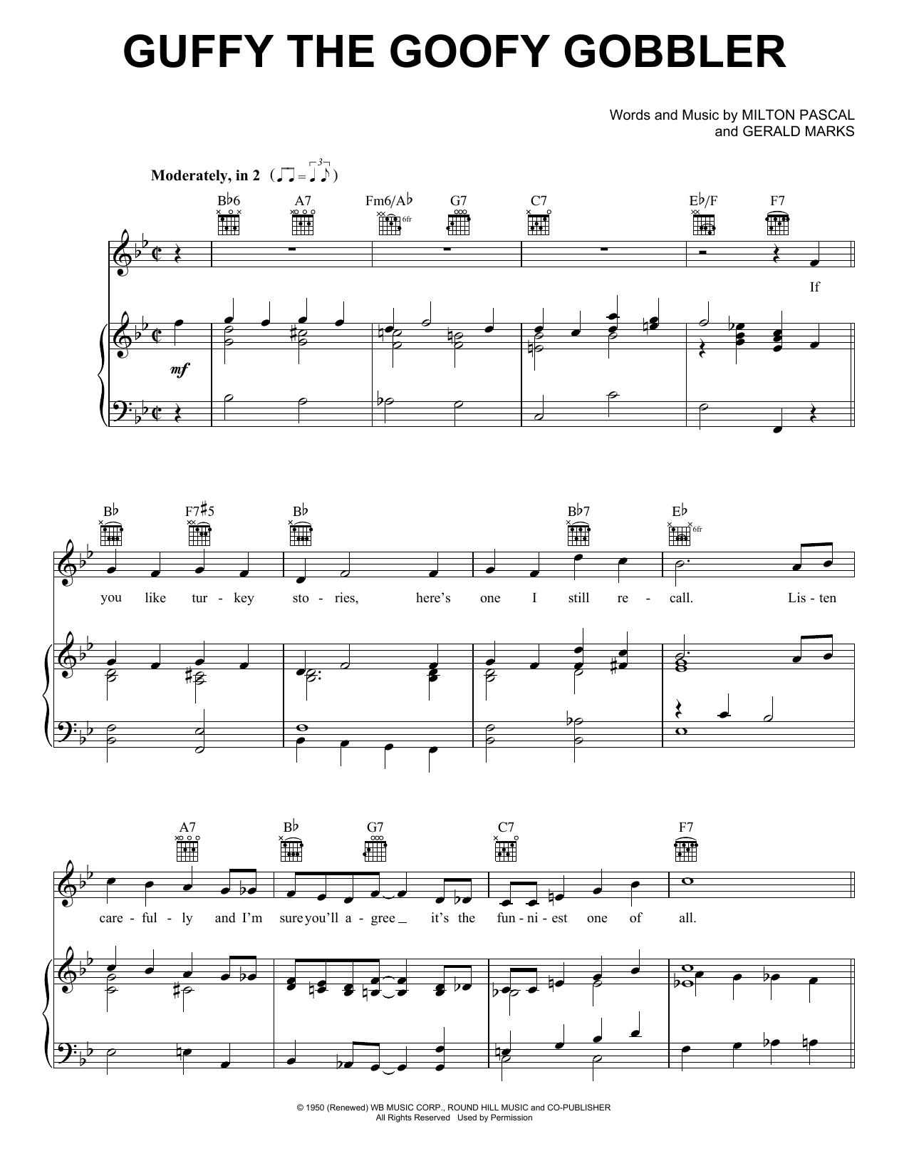 Download Gene Autry Guffy The Goofy Gobbler Sheet Music and learn how to play Piano, Vocal & Guitar Chords (Right-Hand Melody) PDF digital score in minutes