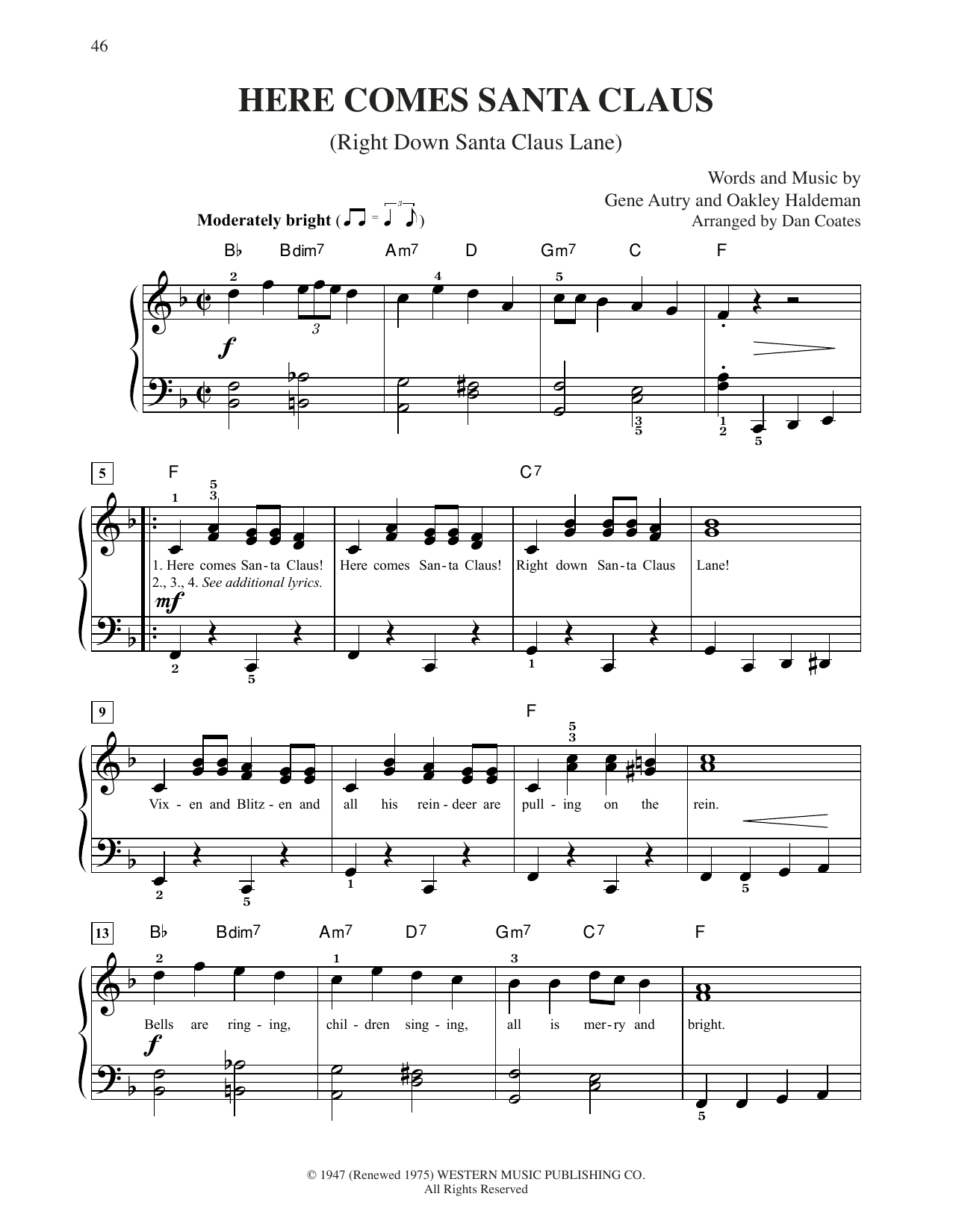 Download Gene Autry Here Comes Santa Claus (Right Down Santa Claus Lane) (arr. Dan Coates) Sheet Music and learn how to play Easy Piano PDF digital score in minutes