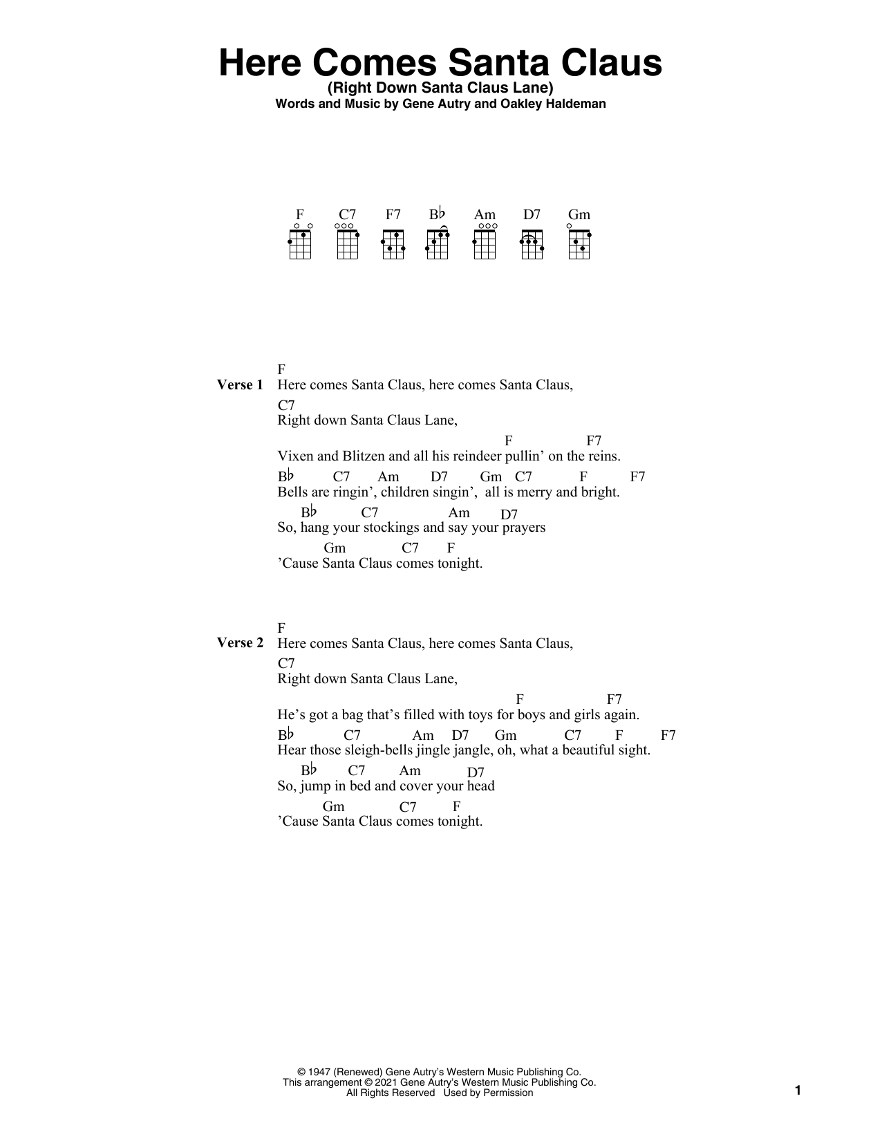 Download Gene Autry Here Comes Santa Claus (Right Down Santa Claus Lane) (arr. Fred Sokolow) Sheet Music and learn how to play Ukulele PDF digital score in minutes