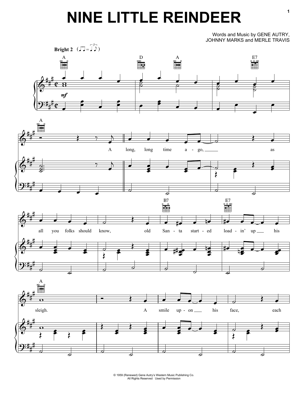 Download Gene Autry Nine Little Reindeer Sheet Music and learn how to play Piano, Vocal & Guitar (Right-Hand Melody) PDF digital score in minutes