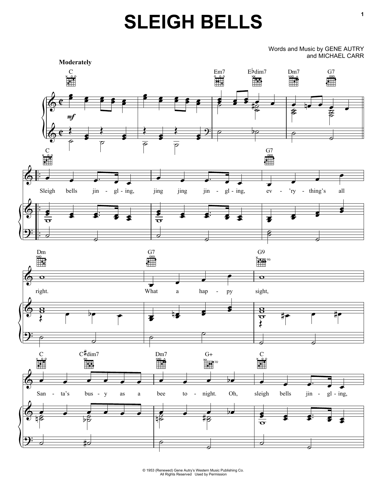 Download Gene Autry Sleigh Bells Sheet Music and learn how to play Piano, Vocal & Guitar (Right-Hand Melody) PDF digital score in minutes