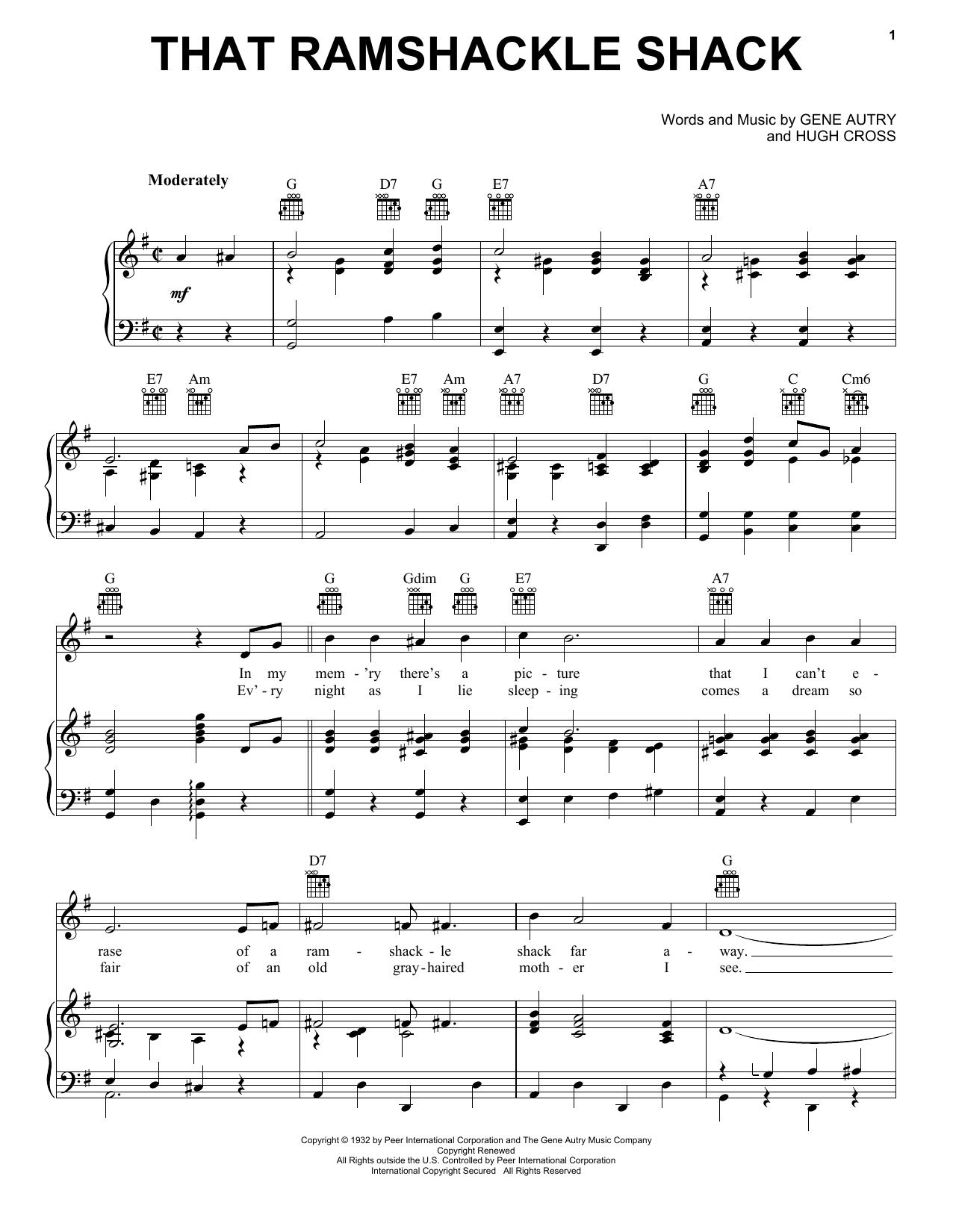 Download Gene Autry That Ramshackle Shack Sheet Music and learn how to play Piano, Vocal & Guitar (Right-Hand Melody) PDF digital score in minutes