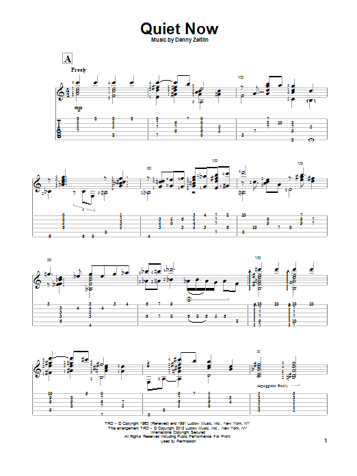 Download Gene Bertoncini Quiet Now Sheet Music and learn how to play Guitar Tab PDF digital score in minutes