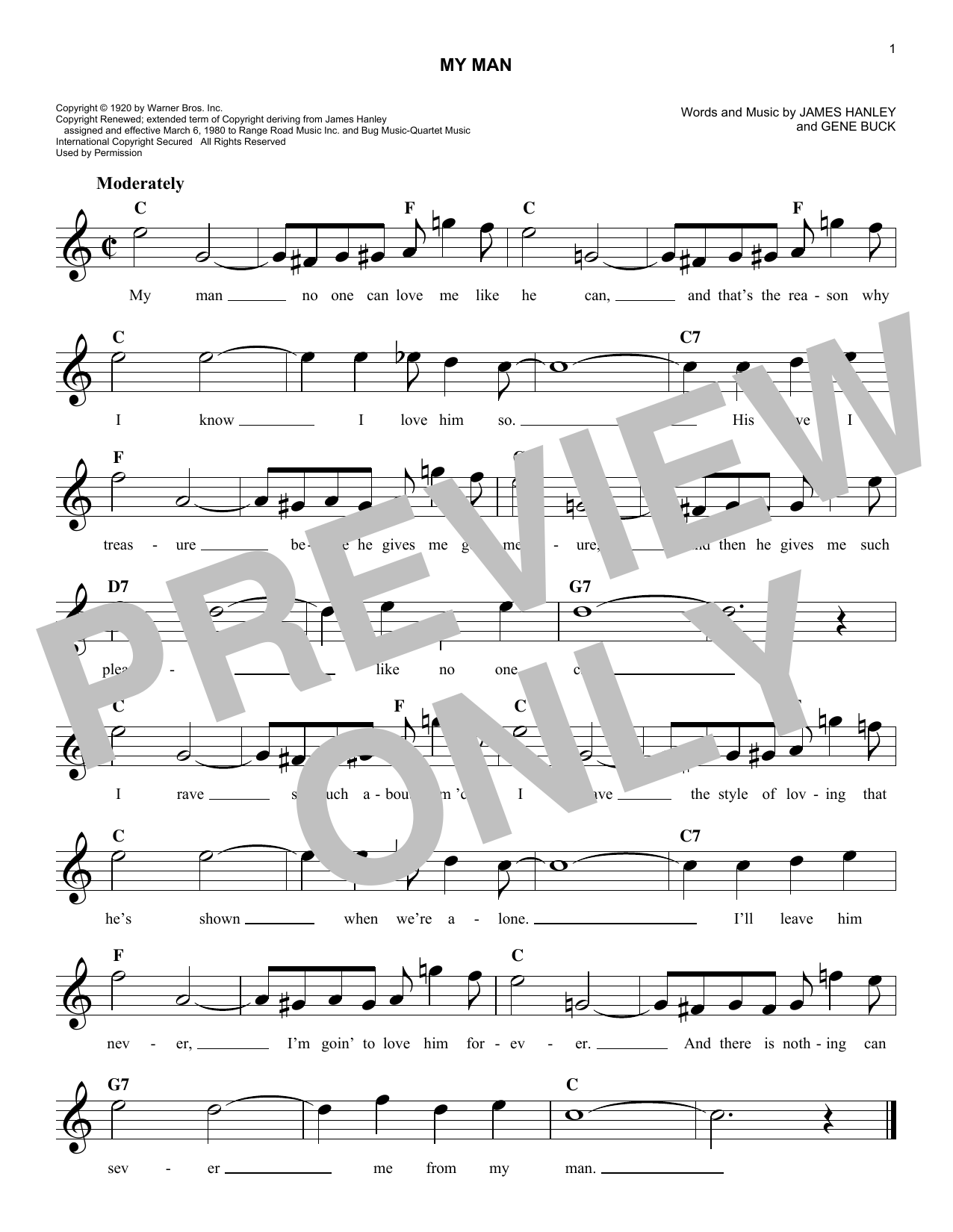Download Gene Buck My Man Sheet Music and learn how to play Melody Line, Lyrics & Chords PDF digital score in minutes
