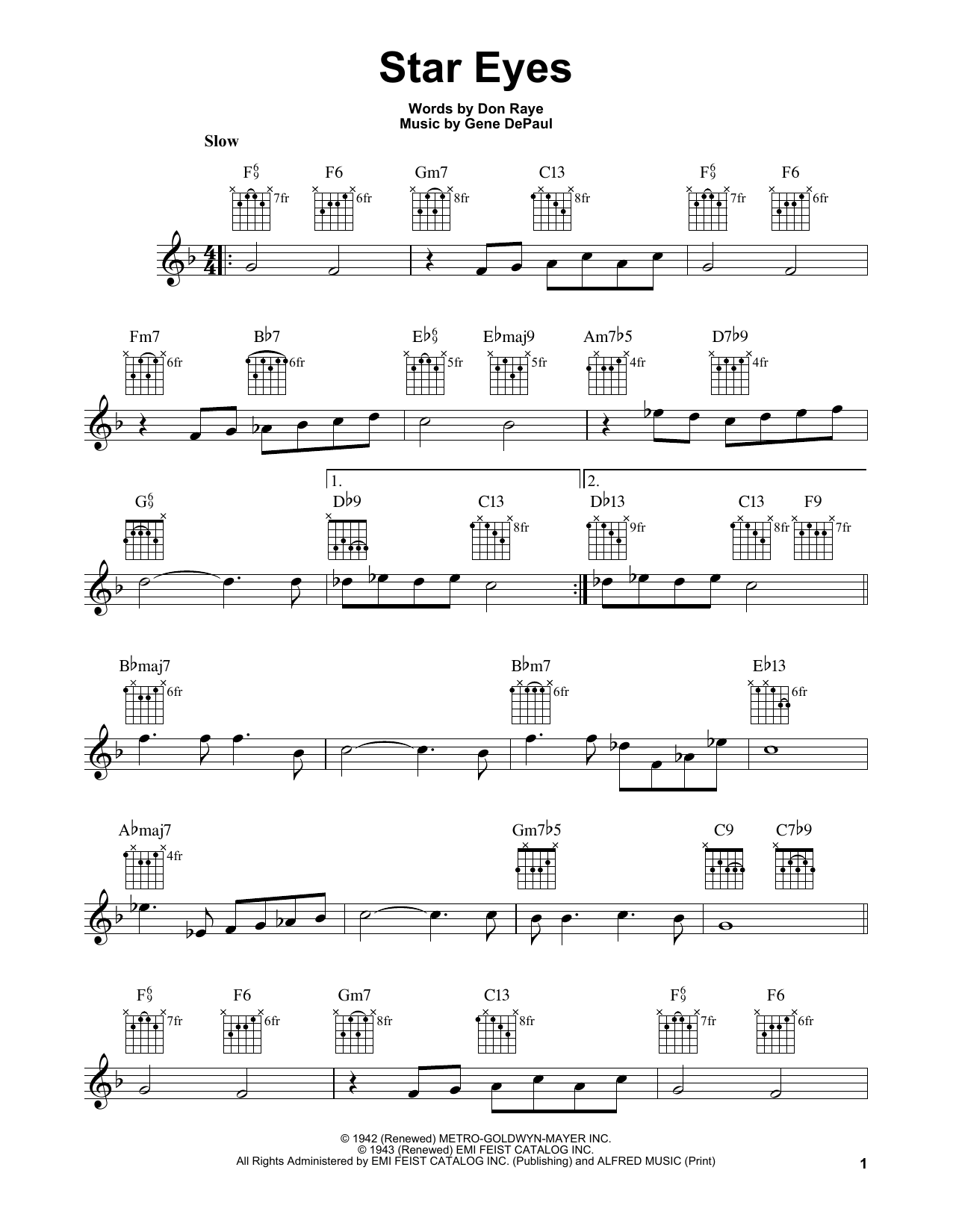 Download Gene De Paul Star Eyes Sheet Music and learn how to play Easy Guitar PDF digital score in minutes