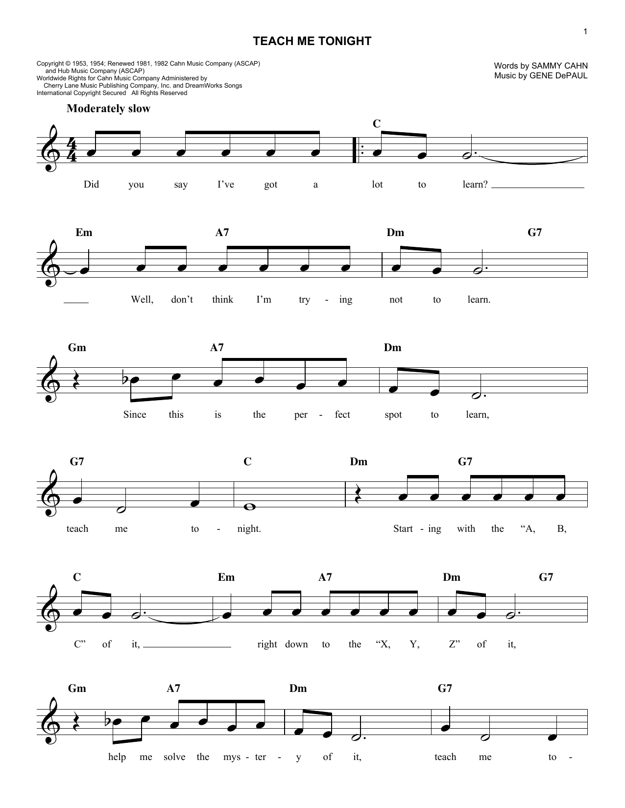 Download Gene De Paul Teach Me Tonight Sheet Music and learn how to play Lead Sheet / Fake Book PDF digital score in minutes