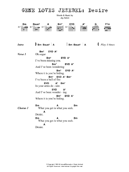 Download Gene Loves Jezebel Desire Sheet Music and learn how to play Lyrics & Chords PDF digital score in minutes