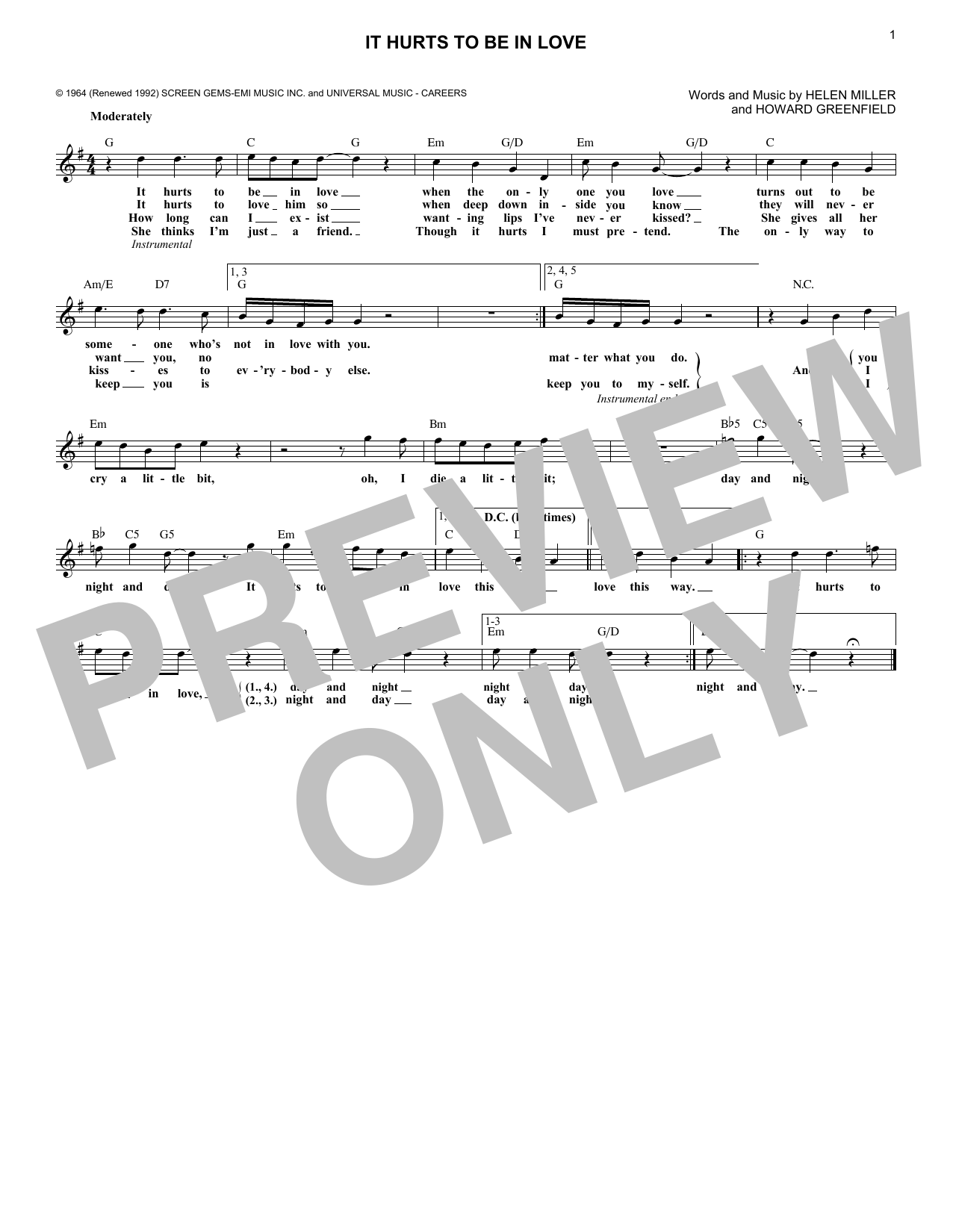 Download Gene Pitney It Hurts To Be In Love Sheet Music and learn how to play Melody Line, Lyrics & Chords PDF digital score in minutes