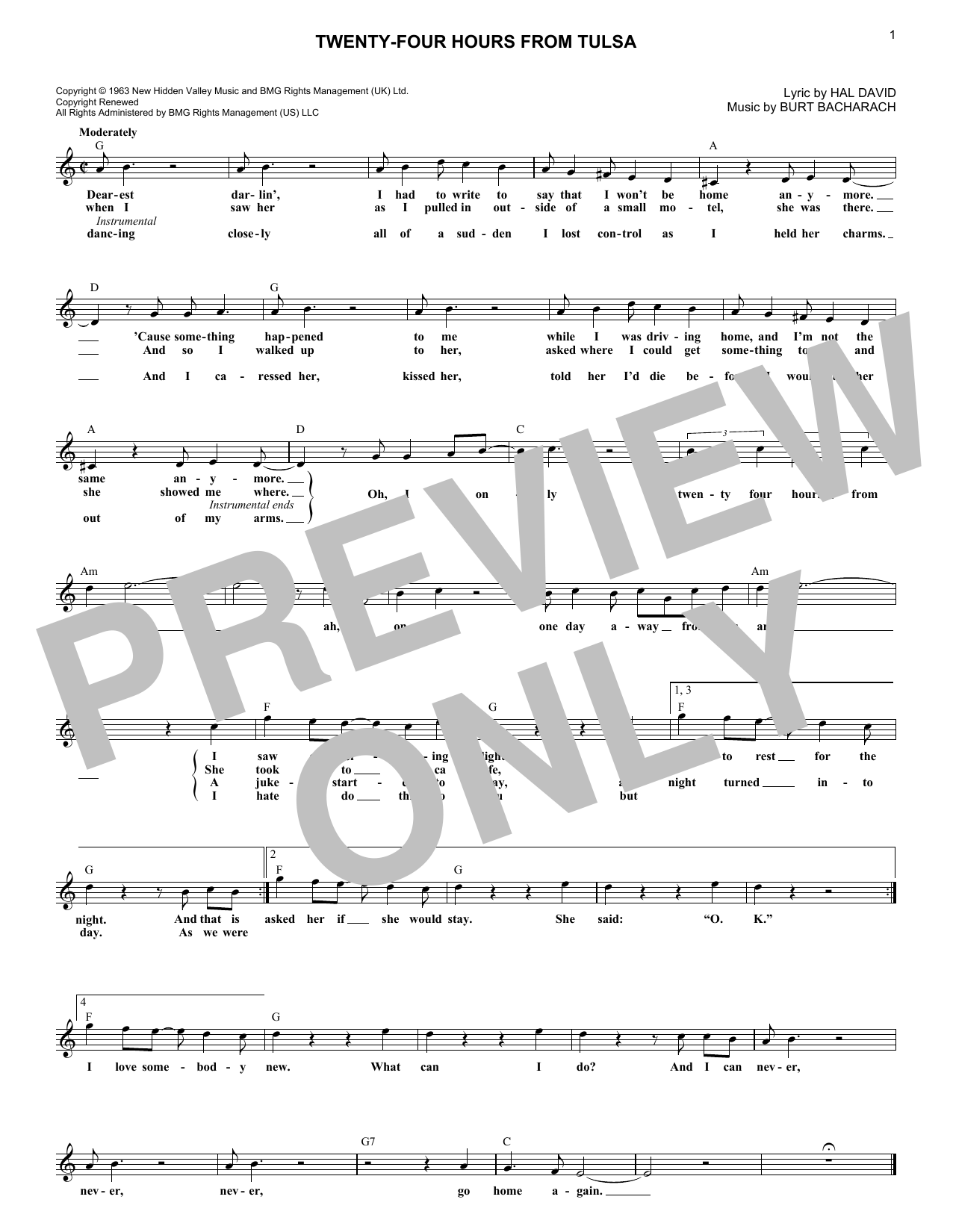 Download Gene Pitney Twenty-Four Hours From Tulsa Sheet Music and learn how to play Lead Sheet / Fake Book PDF digital score in minutes