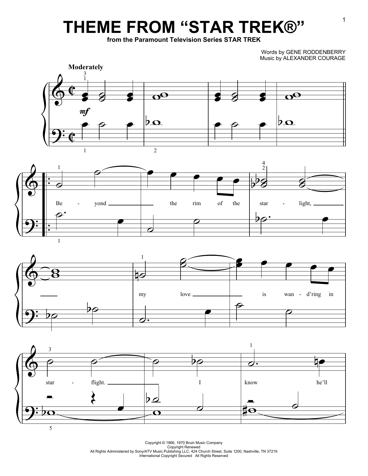 Download Gene Roddenberry Theme from Star Trek(R) Sheet Music and learn how to play Piano (Big Notes) PDF digital score in minutes