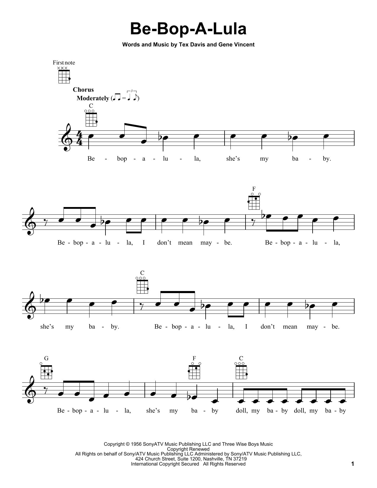 Download Gene Vincent & Tex Davis Be-Bop-A-Lula Sheet Music and learn how to play Ukulele PDF digital score in minutes