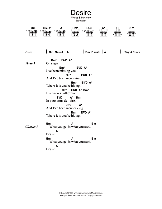 Download Gene Loves Jezebel Desire Sheet Music and learn how to play Lyrics & Chords PDF digital score in minutes