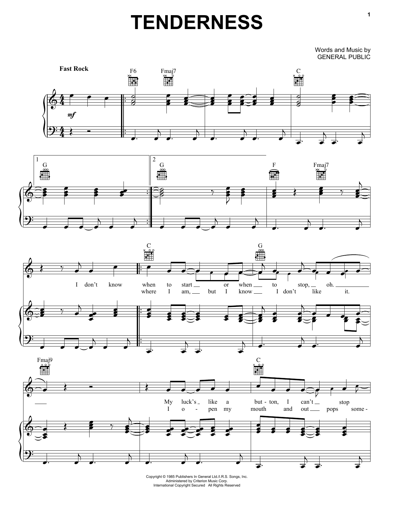 Download General Public Tenderness Sheet Music and learn how to play Piano, Vocal & Guitar Chords (Right-Hand Melody) PDF digital score in minutes
