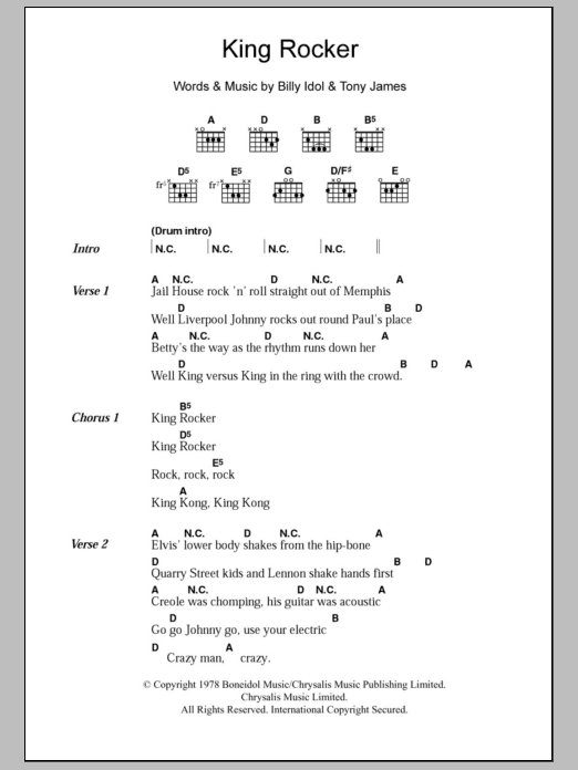 Download Generation X King Rocker Sheet Music and learn how to play Lyrics & Chords PDF digital score in minutes