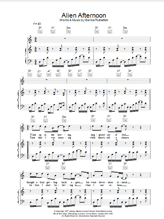 Download Genesis Alien Afternoon Sheet Music and learn how to play Piano, Vocal & Guitar PDF digital score in minutes