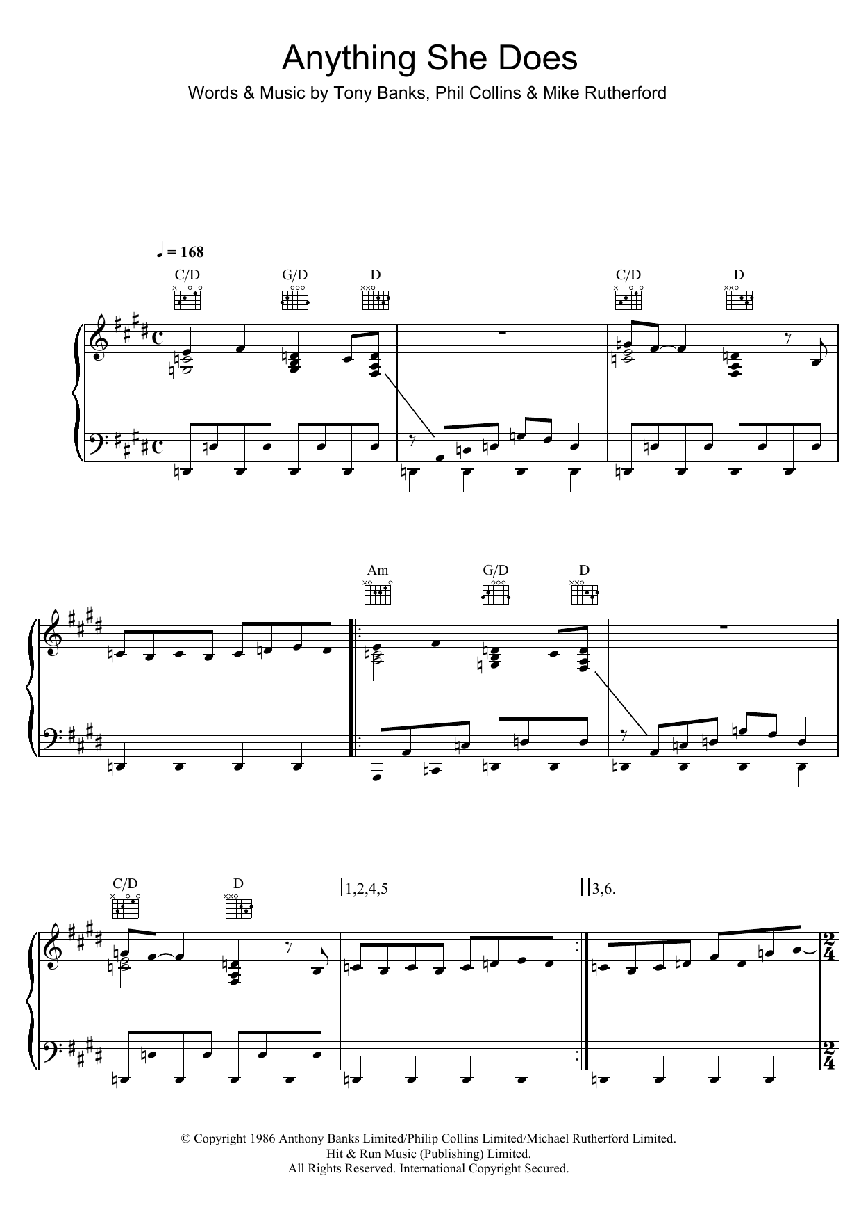 Download Genesis Anything She Does Sheet Music and learn how to play Piano, Vocal & Guitar PDF digital score in minutes