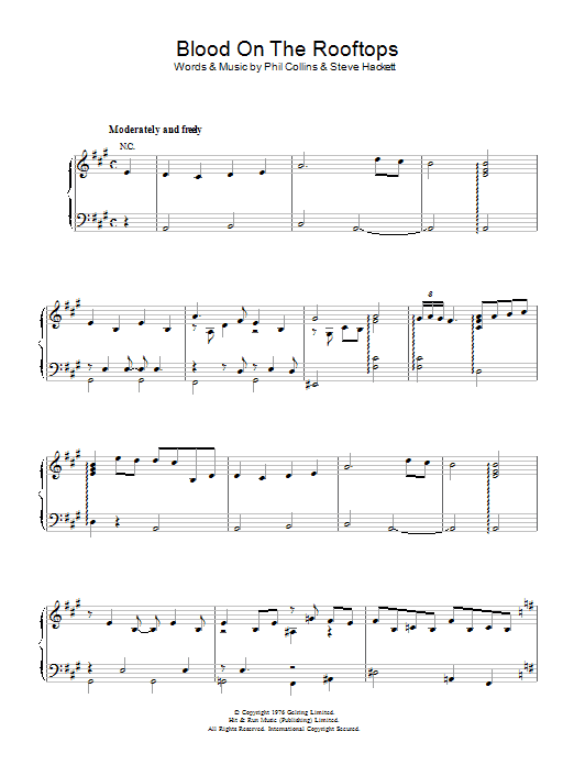 Download Genesis Blood On The Rooftops Sheet Music and learn how to play Piano, Vocal & Guitar Chords (Right-Hand Melody) PDF digital score in minutes