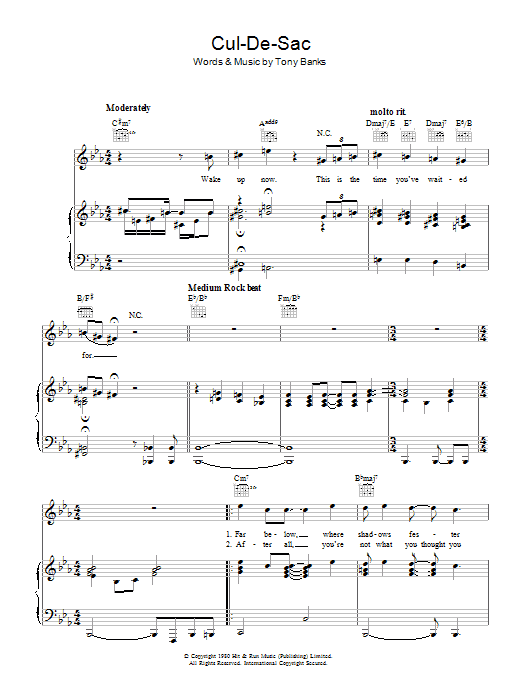 Download Genesis Cul-De-Sac Sheet Music and learn how to play Piano, Vocal & Guitar (Right-Hand Melody) PDF digital score in minutes