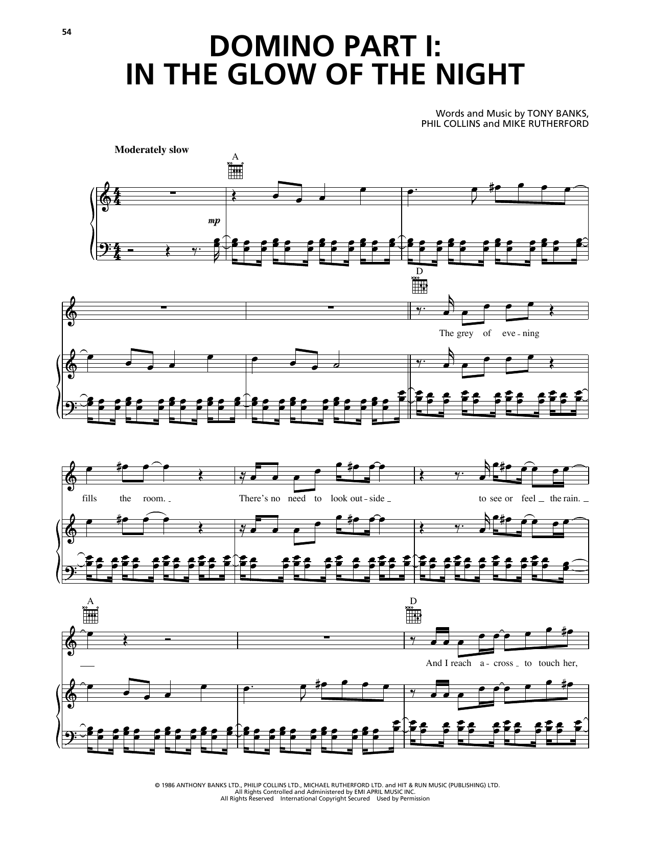 Download Genesis Domino Part I: In The Glow Of The Night Sheet Music and learn how to play Piano, Vocal & Guitar Chords (Right-Hand Melody) PDF digital score in minutes