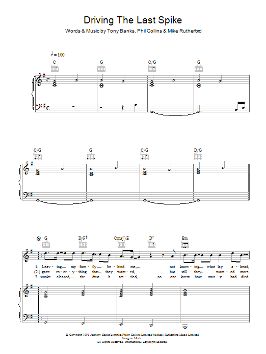 Download Genesis Driving The Last Spike Sheet Music and learn how to play Piano, Vocal & Guitar PDF digital score in minutes