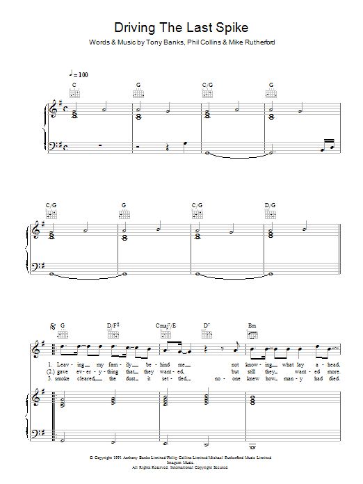 Download Genesis Driving The Last Spike Sheet Music and learn how to play Piano, Vocal & Guitar Chords (Right-Hand Melody) PDF digital score in minutes