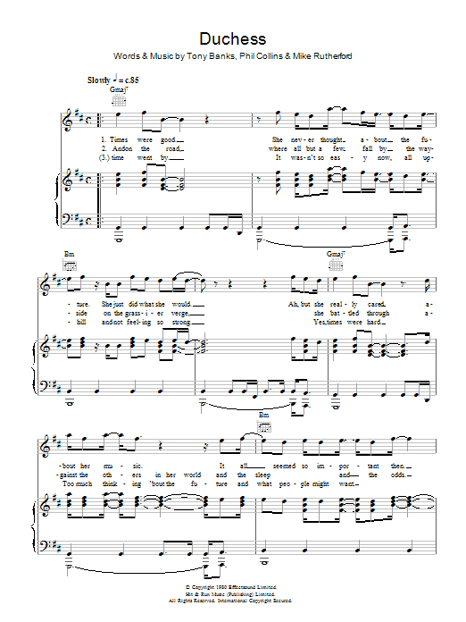 Download Genesis Duchess Sheet Music and learn how to play Piano, Vocal & Guitar Chords (Right-Hand Melody) PDF digital score in minutes