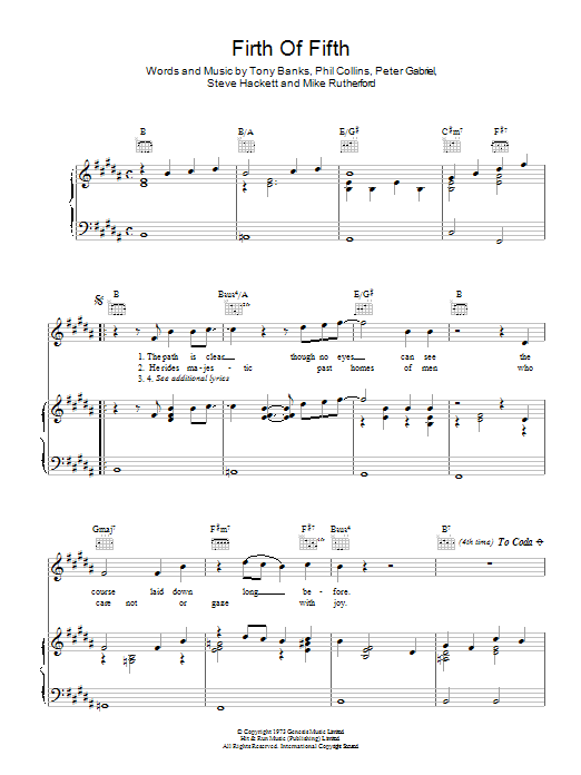 Download Genesis Firth Of Fifth Sheet Music and learn how to play Piano, Vocal & Guitar (Right-Hand Melody) PDF digital score in minutes